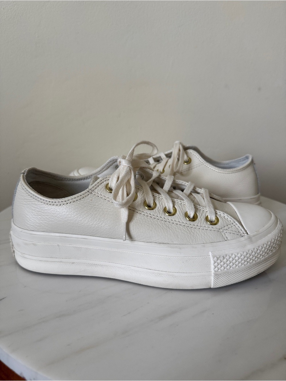 Converse White Platform Lace-Up Sneakers with Gold Eyelets, Size 6.5